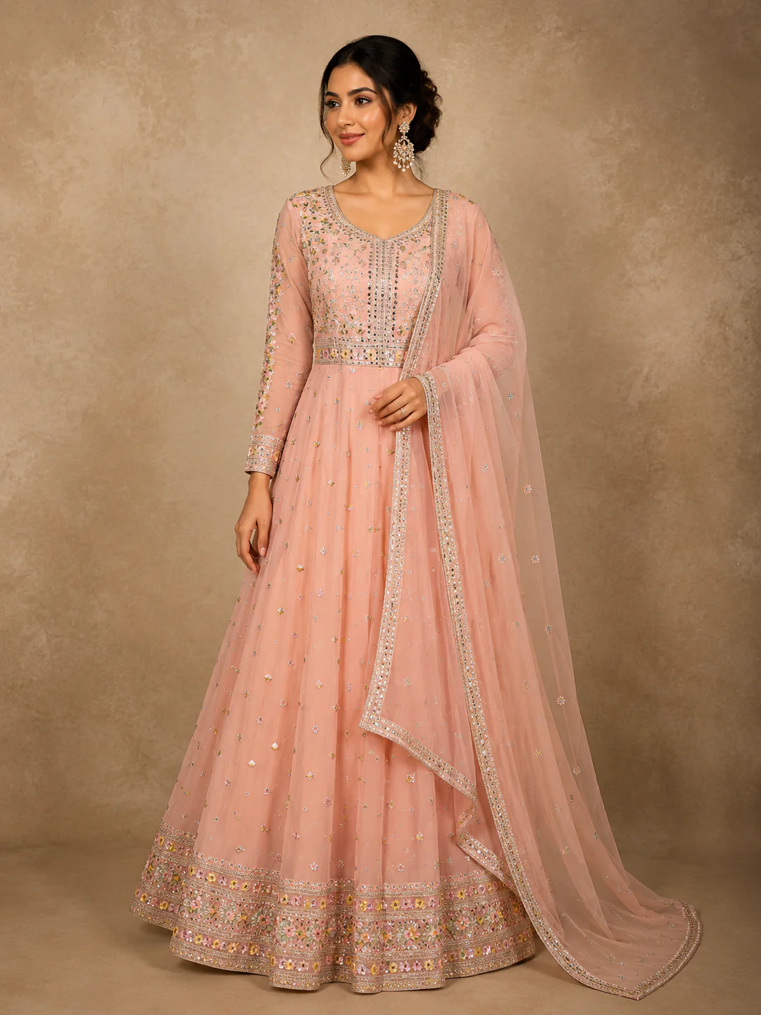 Light Peach Floral Thread and Sequins Embroidered Design Georgette Gown with Dupatta